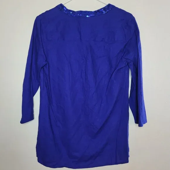 Jaclyn Smith Top Linen Blend Womens Tunic Blue Small 3/4 Sleeve Sequin Resort - Picture 4 of 12